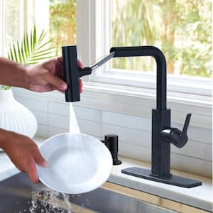 3 Modes Single Handle Pull Down Sprayer Kitchen Faucet with Soap Dispenser in Matte Black