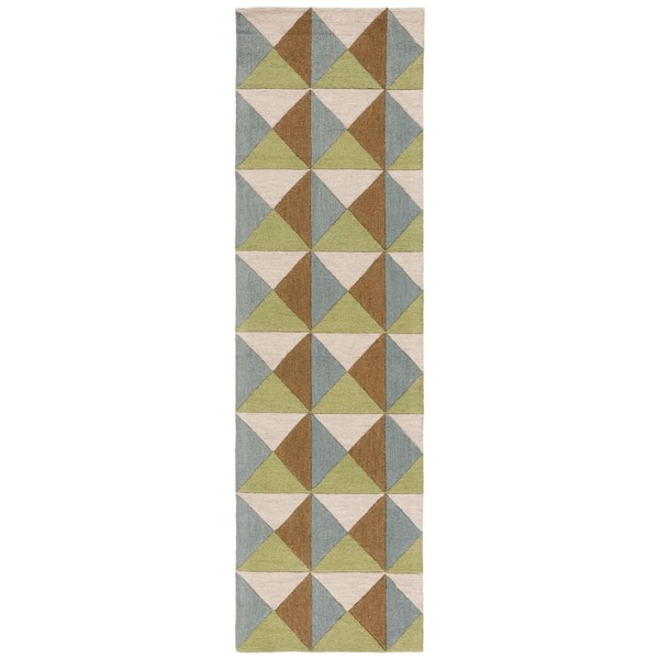 Genre 2 ft. x 8 ft. Beige/Green Square Geometric Runner Rug