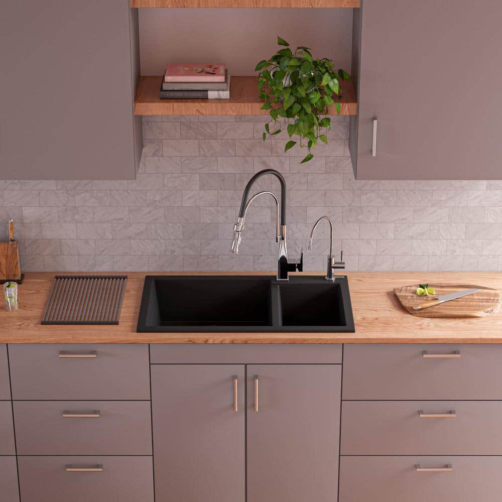 34'' Black Granite Double Bowl Drop-In Kitchen Sink
