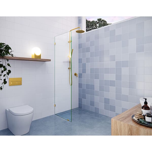 Glass Warehouse Vela 22.5 in. W x 78 in. H Frameless Fixed Single Panel Shower Door in Satin Brass Without Handle