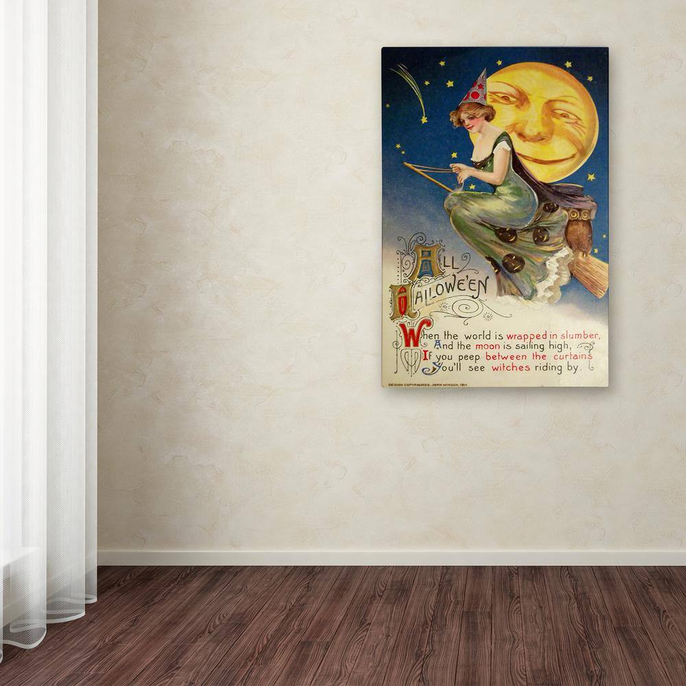 Vintage Halloween Witch Greendress Moon Canvas Art with Floater Frame