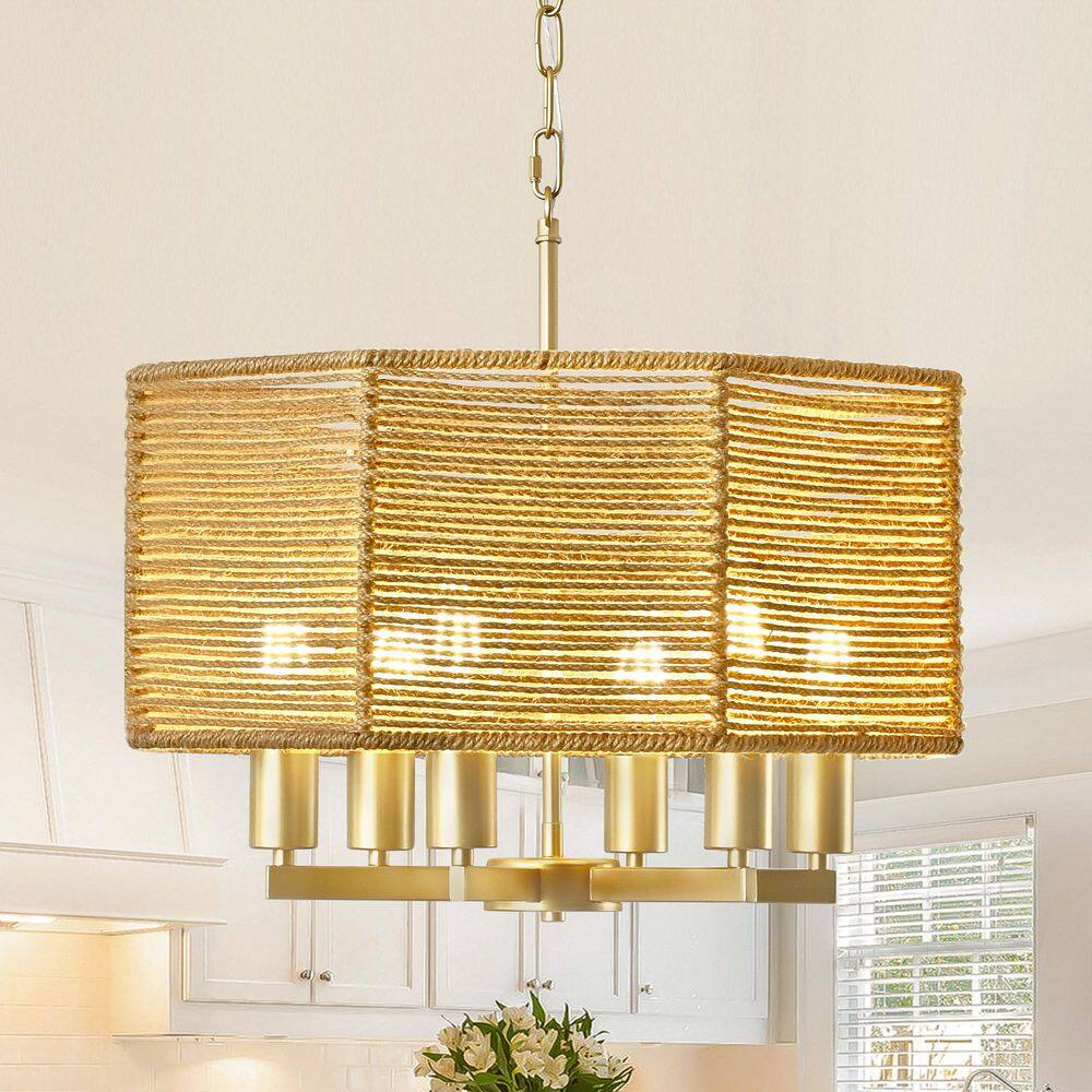 6-Light 20.5 in. Natural and Gold Rattan Bohemian Drum Chandelier for Living Room Kitchen price history on PriceWatchPro