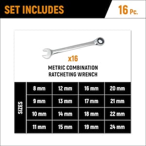 Metric 72-Tooth Combination Ratcheting Wrench Tool Set (16-Piece)