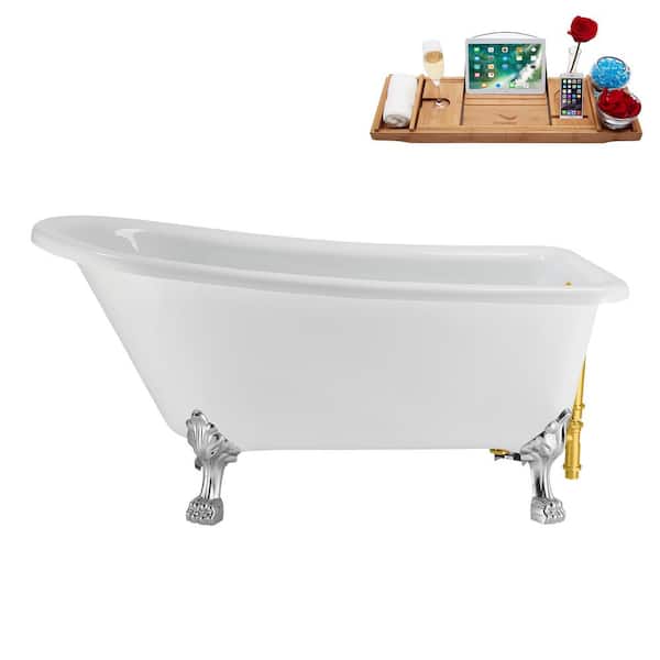 Streamline 58 in. x 28 in. Acrylic Clawfoot Soaking Bathtub in Glossy White with Polished Gold Drain, Polished Chrome Clawfeet