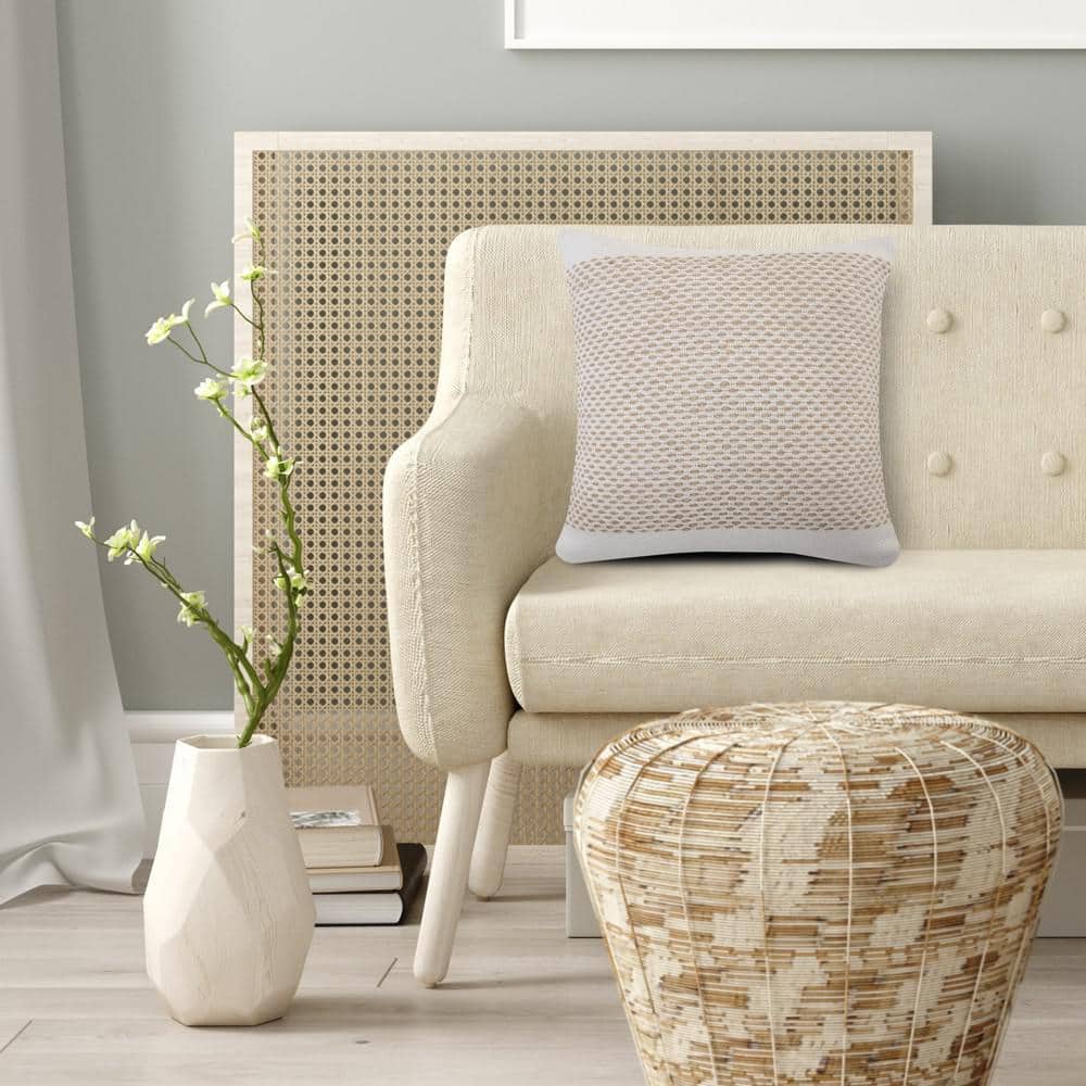 Ivory and Tan Jute Interwoven Square Throw Pillow