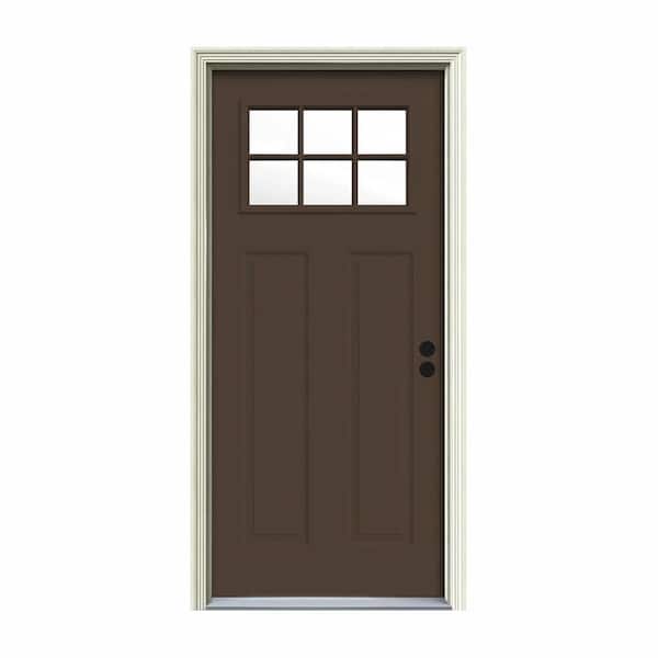 32 in. x 80 in. 6 Lite Craftsman Dark Chocolate Painted Steel Prehung Left-Hand Inswing Front Door w/Brickmould
