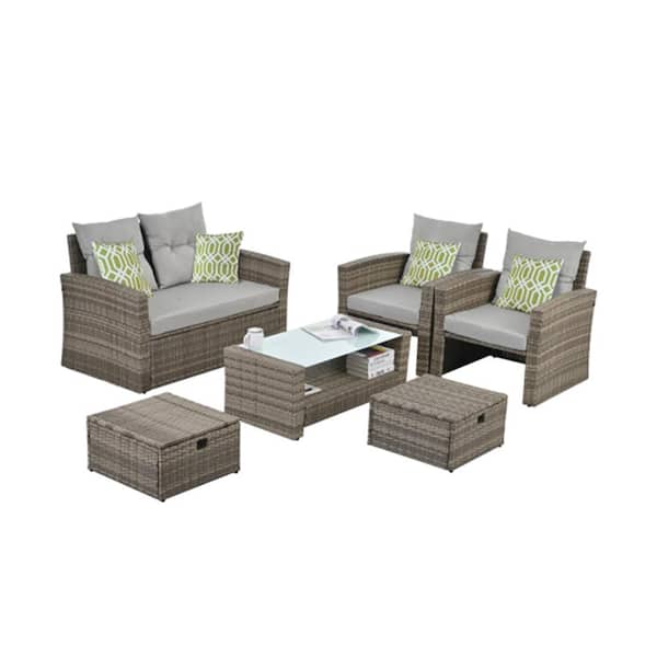 ITOPFOX 6 Pcs Outdoor Patio Brown Seasonal PE Wicker Conversation Set with Tempered Glass Coffee Table and Light Gray Cushions