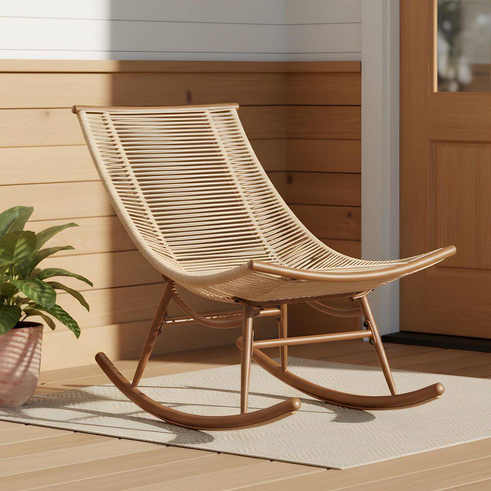 Storm Beige PE Rattan and Metal Patio Outdoor Rocking Chair, Arc Design