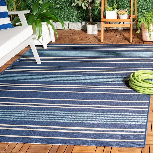 Courtyard Navy/Blue 7 ft. x 10 ft. Striped Indoor/Outdoor Area Rug