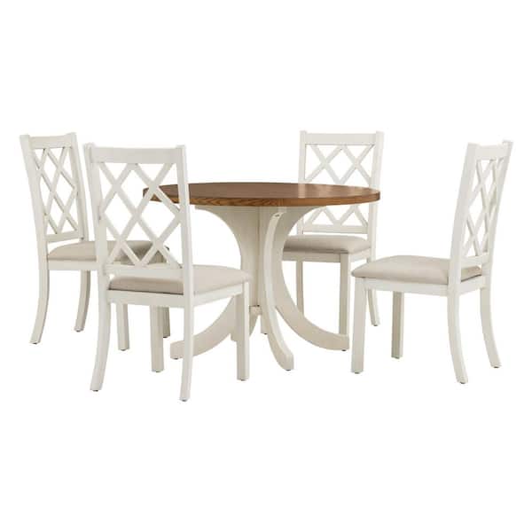 5-Piece Mid-Century Round Walnut Wood Top Dining Room Set Seats 4