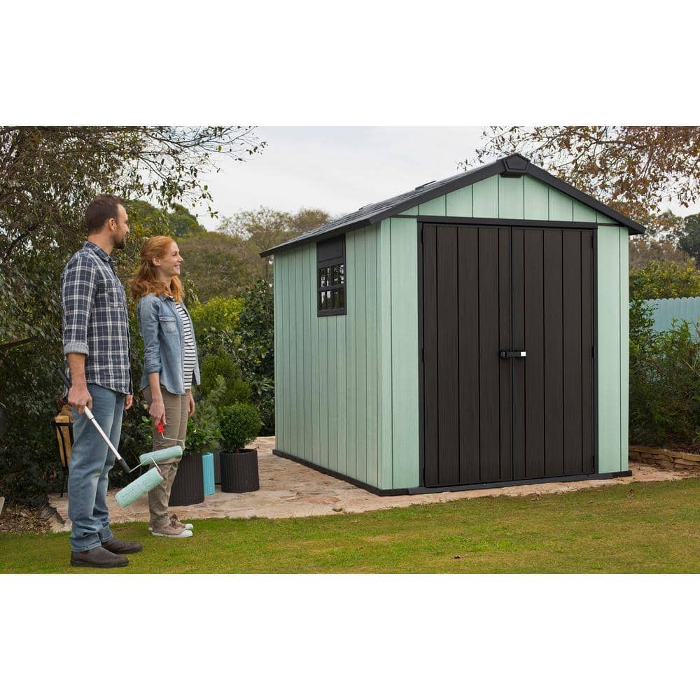 Gray Resin Outdoor Storage Shed with Double Doors and Skylight