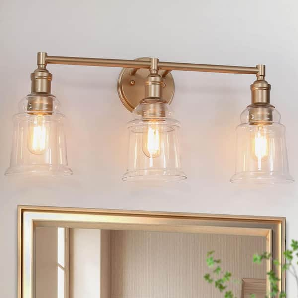 Modern Gold Bathroom Wall Sconce, 23 in. 3-Light Farmhouse Bell Vanity Light with Clear Glass Shades