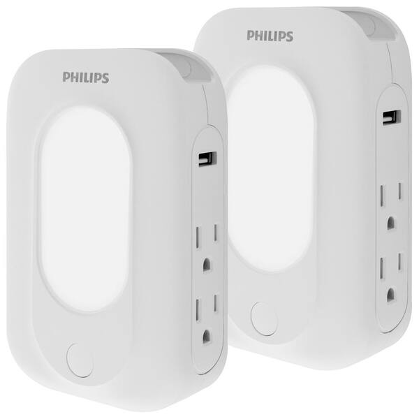 Philips 4-Outlet 2 USB Surge Protector Tap Adapter with Nightlight, White (2-Pack)