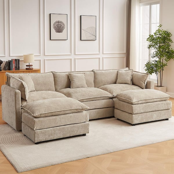 GOJANE 112.2 in. Square Arm U-Shaped Chenille Deluxe Pillow-Styled Modular Sectional Sofa in. Coffee with 2 Ottoman 2187Coffee-3+2