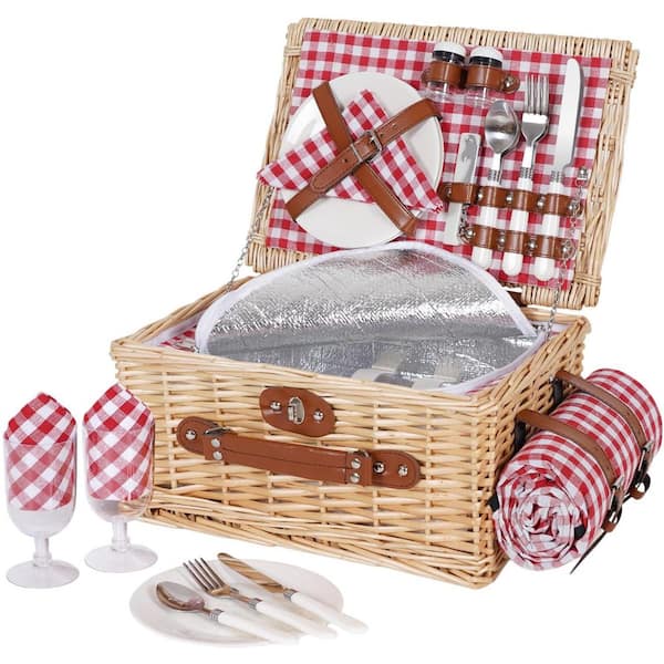 Red Picnic Basket (Set for 2), Wicker Picnic Basket w/ Waterproof Blanket Insulated Liner, Large Handmade Willow Hamper