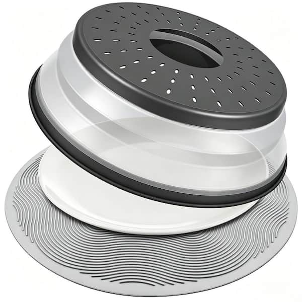 Charcoal Silicone/PP Microwave Cover Set with Mat, Collapsible Splatter Guard and Multi-Purpose Mat