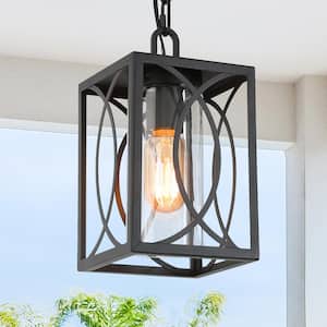 Modern Farmhouse Cage Outdoor Hanging Light 1-Light Black Lantern Outdoor Pendant Light with Clear Glass Shade