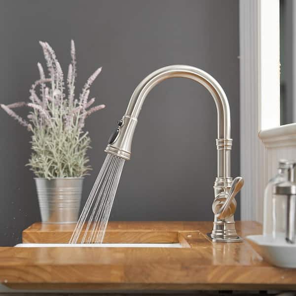 Single Handle Pull Down Sprayer Kitchen Faucet with 3 Spray Mode, Pull Out Faucet for Kitchen Sink in Brushed Nickel