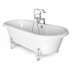60 in. AcraStone Acrylic Double Clawfoot Non-Whirlpool Bathtub with Large Ball in Claw Feet in White in Faucet in Chrome
