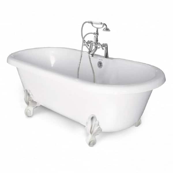 American Bath Factory 60 in. AcraStone Acrylic Double Clawfoot Non-Whirlpool Bathtub with Large Ball in Claw Feet in White in Faucet in Chrome