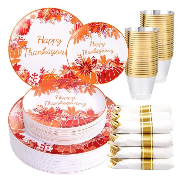 210-Piece Orange and White Plastic Thanksgiving Dinnerware Set Includes Plates, Cutlery, Cups, and Napkins