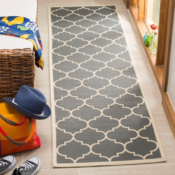 Courtyard Anthracite/Beige 2 ft. x 14 ft. Geometric Indoor/Outdoor Patio  Runner Rug