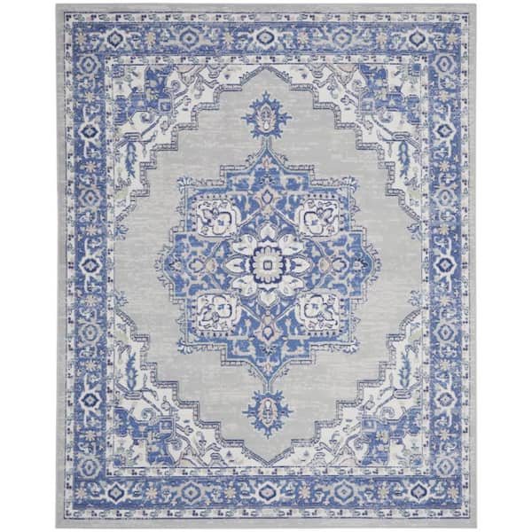 7 ft. x 10 ft. Blue and Gray Floral Medallion Distressed Non Skid Area Rug