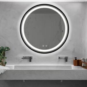 32 in. W x 32 in. H Round Aluminum Alloy Framed LED Dimmable Wall Bathroom Vanity Mirror in Black