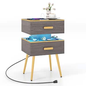Gray 2-Drawers 17.5 in. Nightstand Sofa Side Tables with Charging Station and and LED lights