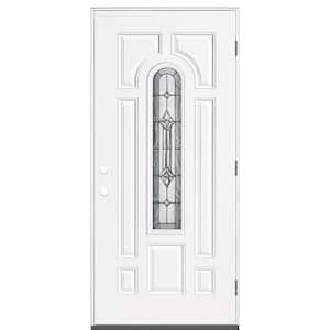 Providence 36 in. x 80 in. 7 Panel Left-Hand Inswing 1/4 Lite Center Arch Primed White Steel Prehung Front Door