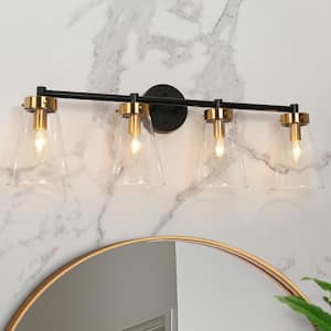 Modern 30 in. 4-Light Black and Brass Gold Bathroom Vanity Light with Classic Bell Clear Glass Shades, LED Compatible