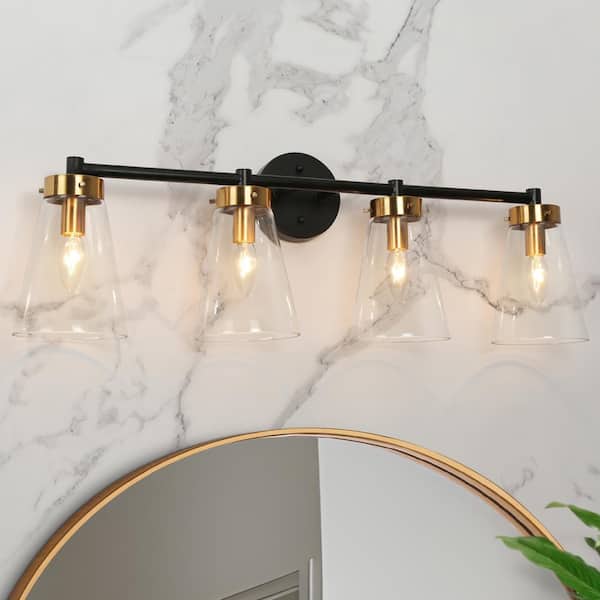 LNC Modern 30 in. 4-Light Black and Brass Gold Bathroom Vanity Light with Classic Bell Clear Glass Shades, LED Compatible