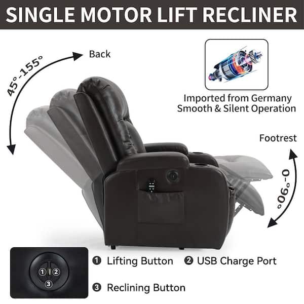 Brown Power Lift Recliner Chair with 8-Point Vibration Massage and Lumbar Heating, USB Charging Port, Cup Holders