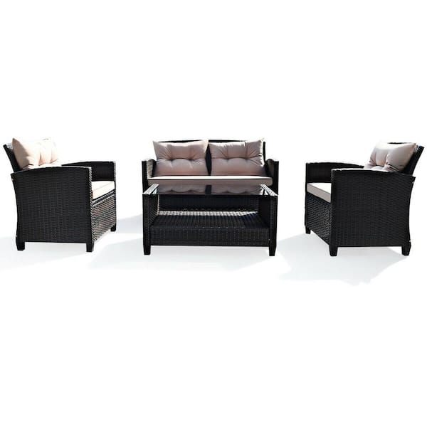 ANGELES HOME 4-Piece Wicker Patio Rattan Conversation Furniture Set with Glass Top Coffee Table, Beige Cushions
