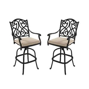 Black Swivel Cast Aluminum Retro Pattern Style Outdoor Bar Stool High Chair with Beige Cushion for Balcony (2-Pack)