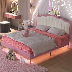 White and Pink Wood Frame Full Size PU Leather Upholstered Platform Bed with Princess Crown Headboard, LED Lights