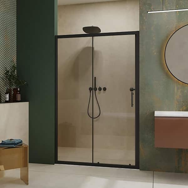 48.in W x 72.in H Single Sliding Shower Door, 1/4 in. Thick Clear Tempered Glass Door with Stainless Steel Handle Black
