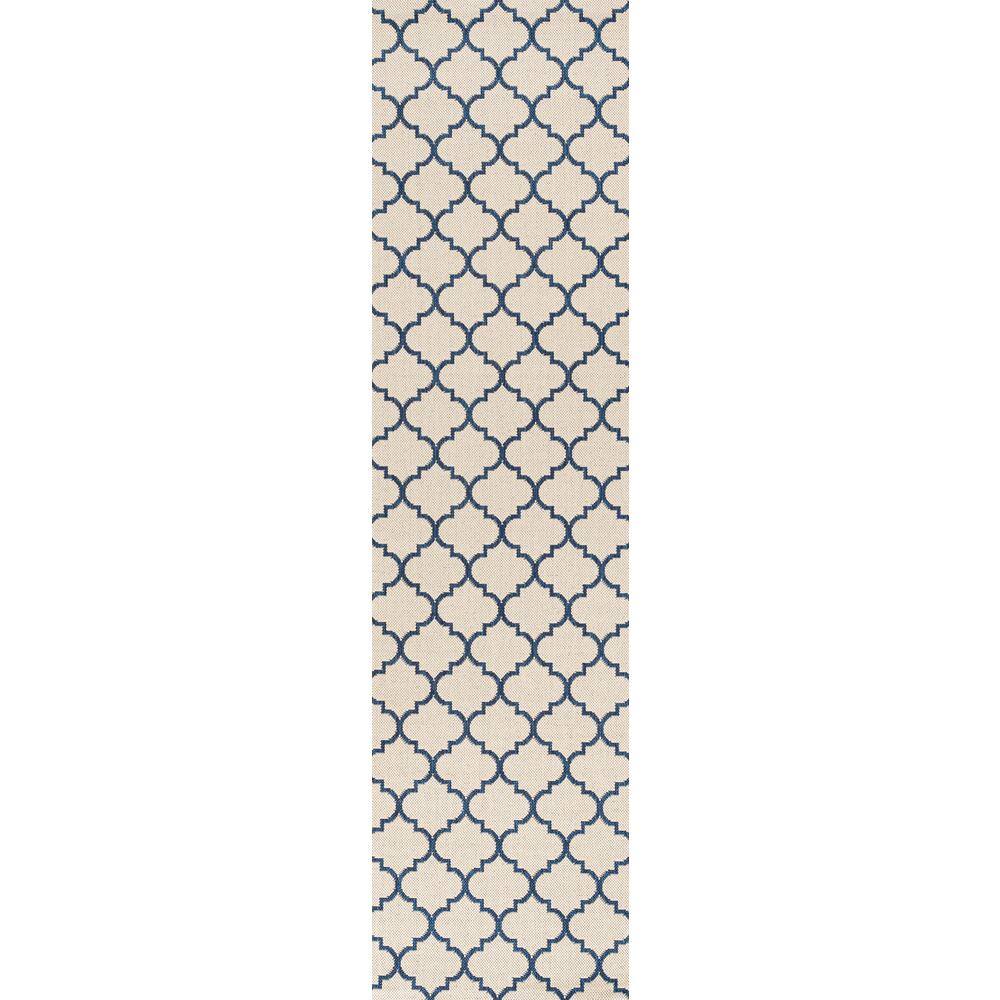 Santa Monica Beige/Navy Synthetic Trellis Runner Rug 2x8