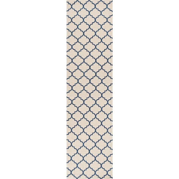 Arabesque Ogee Trellis Beige/Navy 2 ft. x 8 ft. Indoor/Outdoor Runner Rug