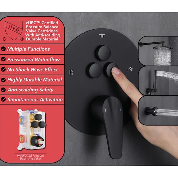Single Handle 1-Spray 3 Spray Patterns Shower Faucet 1.8 GPM with Pressure Balance, 10 in. Shower Head Matte Black