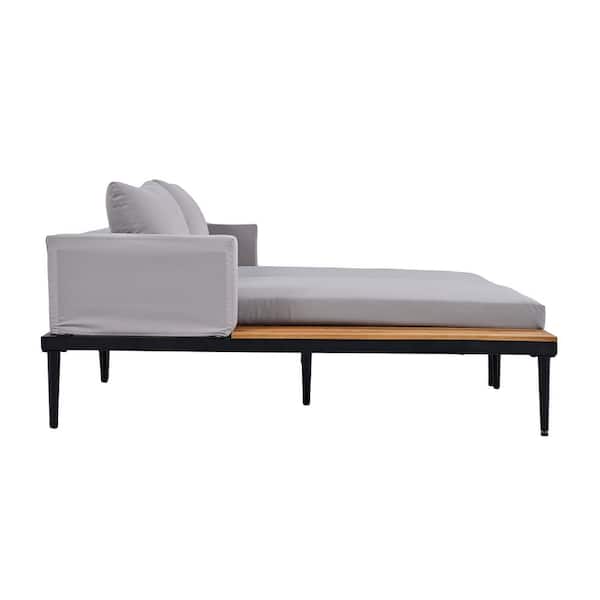 Modern Metal Patio Outdoor Day Bed Daybed with Gray Cushions and Wood Topped Side Spaces for Drinks