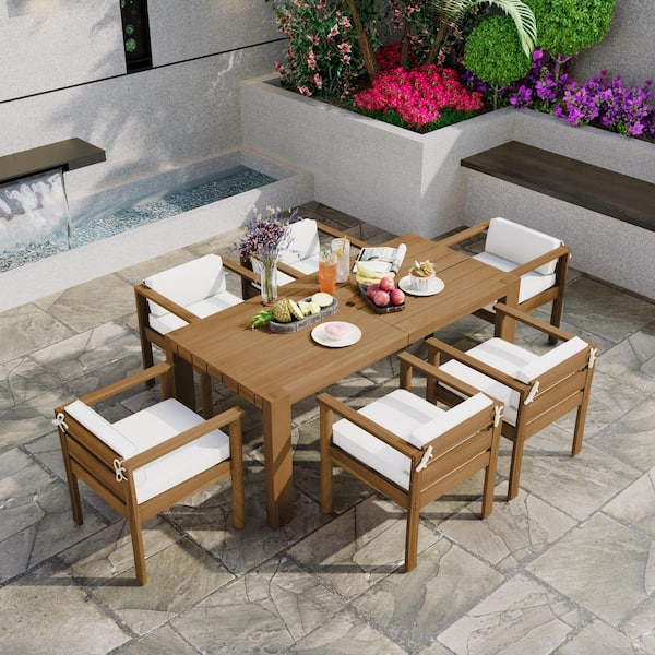 7-Piece Light Teak Acacia Wood Patio Outdoor Dining Table Set with Beige Cushions and 6-Dining chairs