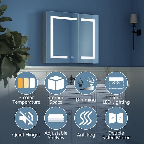 30 in. W x 26 in. H Medium Rectangular Silver Aluminum Recessed/Surface Mount Medicine Cabinet with Mirror and LED