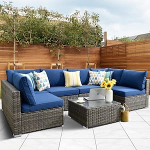 Maire Gray 7-Piece Wicker Outdoor Patio Conversation Sofa Seating Set with Navy Blue Cushions