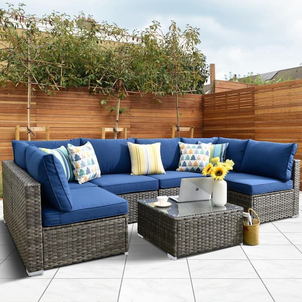 Maire Gray 7-Piece Wicker Outdoor Patio Conversation Sofa Seating Set with Navy Blue Cushions