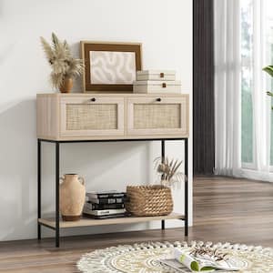 31.5 in. Oak Rectangle Wood Console Table with 2 Rattan Drawers & Open Storage Shelf Metal Legs