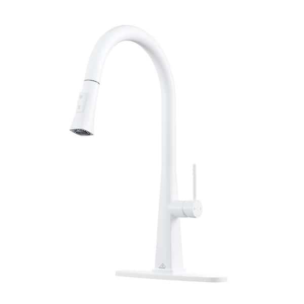 Boyel Living 2-Spray Patterns Single Handle Pull Down Sprayer Kitchen Faucet with Deckplate and Water Supply Hoses in Matte White