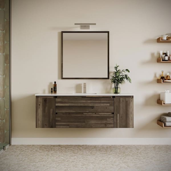 Fresca Formosa 60 in. Single Sink Wall Mount Acacia Bath Vanity with White Quartz Top, Undermount Ceramic Sink and Mirror
