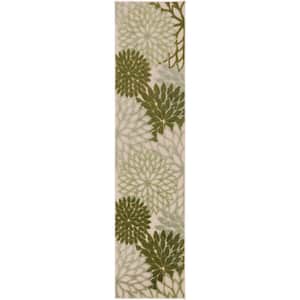 Aloha Ivory Green 2 ft. x 8 ft. Floral Contemporary Runner Indoor/Outdoor Area Rug