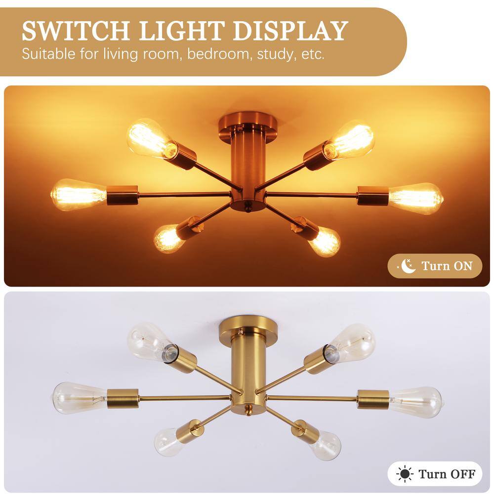 Gold 6-Light Sputnik Semi-Flush Mount Ceiling Fixture